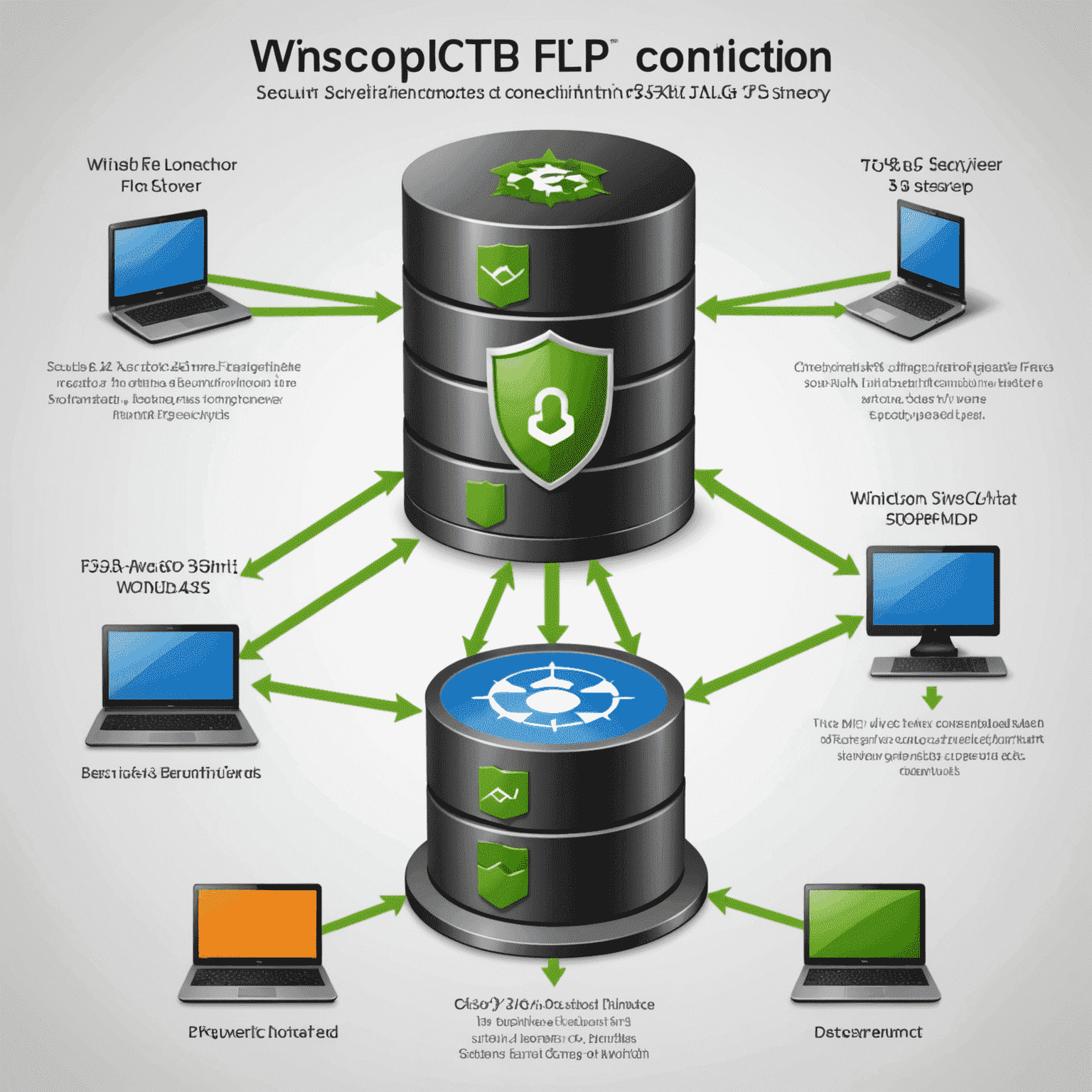 Diagram showing a secure FTP connection between WinSCP client and a server, with firewalls and encryption layers illustrated